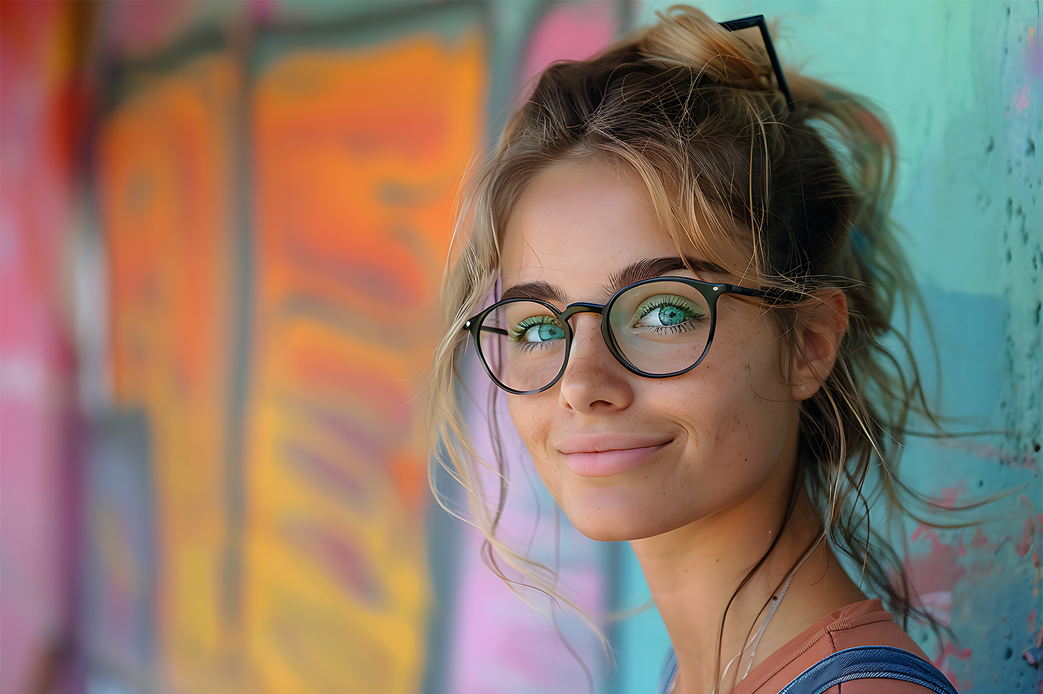 Mujer con gafas graduadas y fondo colorido